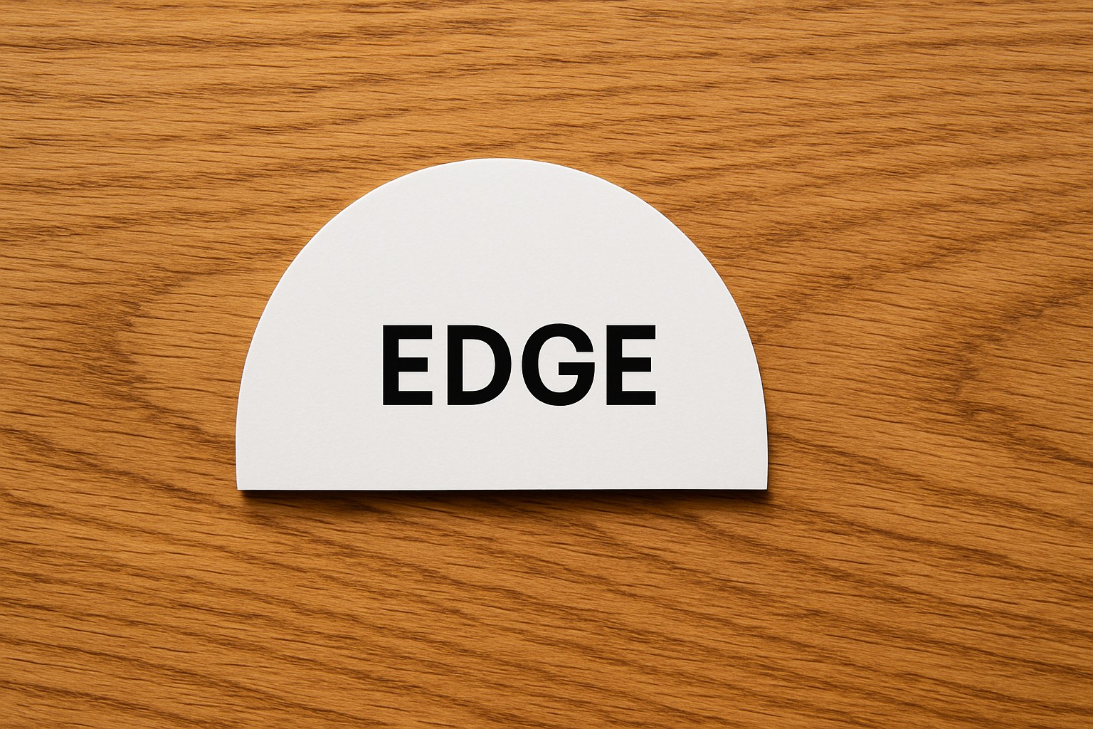 Half-circle D-shaped business card lying flat with the straight edge labeled