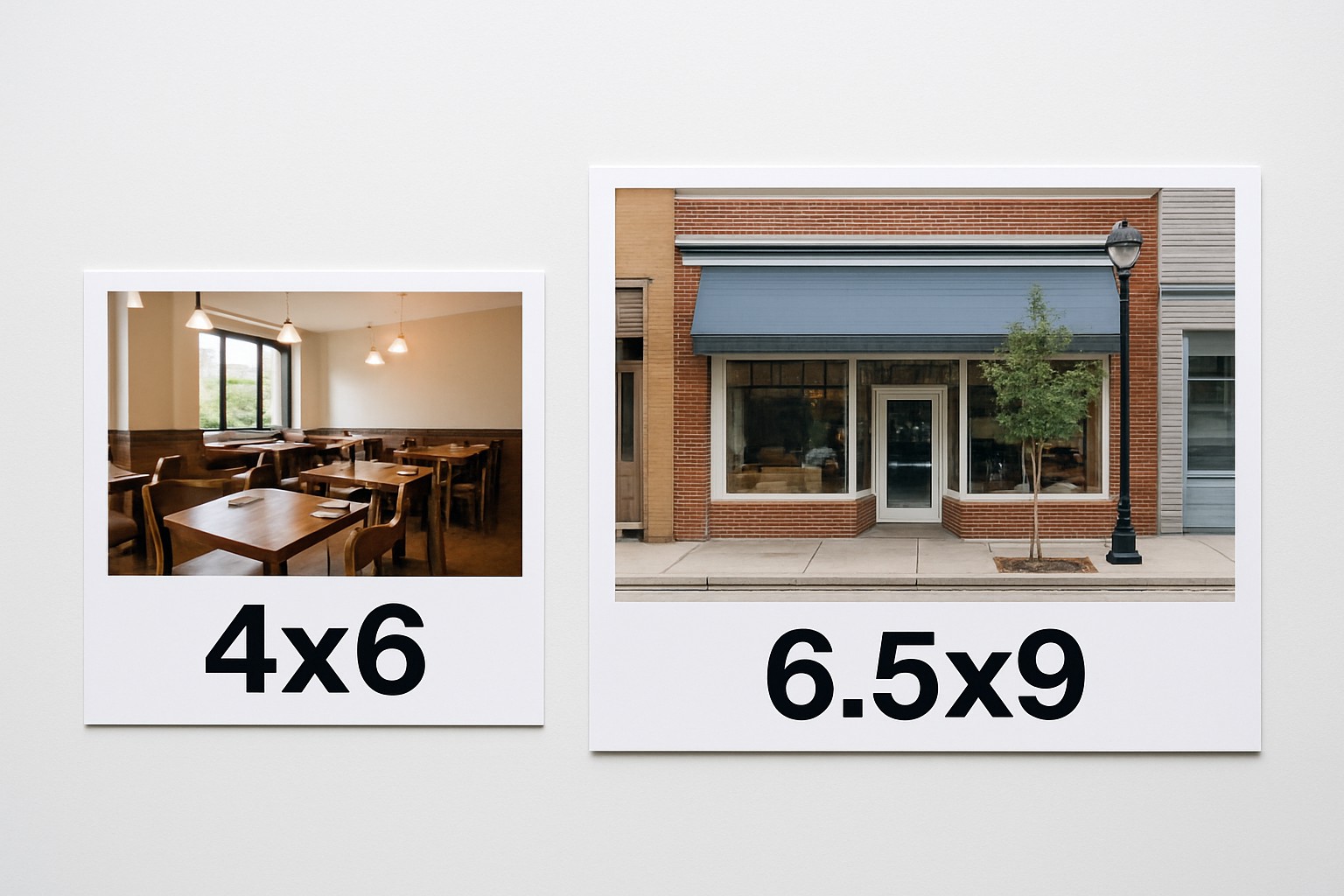A 4 by 6 inch postcard next to a larger 6.5 by 9 inch flat so the default addressed card is easy to tell from a mailbox jumbo