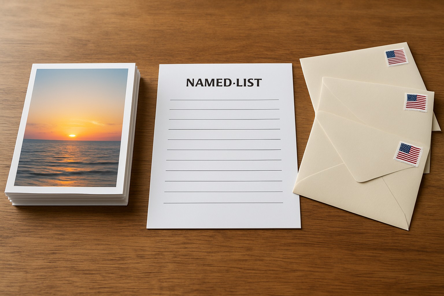 Stack of 4 by 6 postcards beside a printed name and street list ready for addressed mail