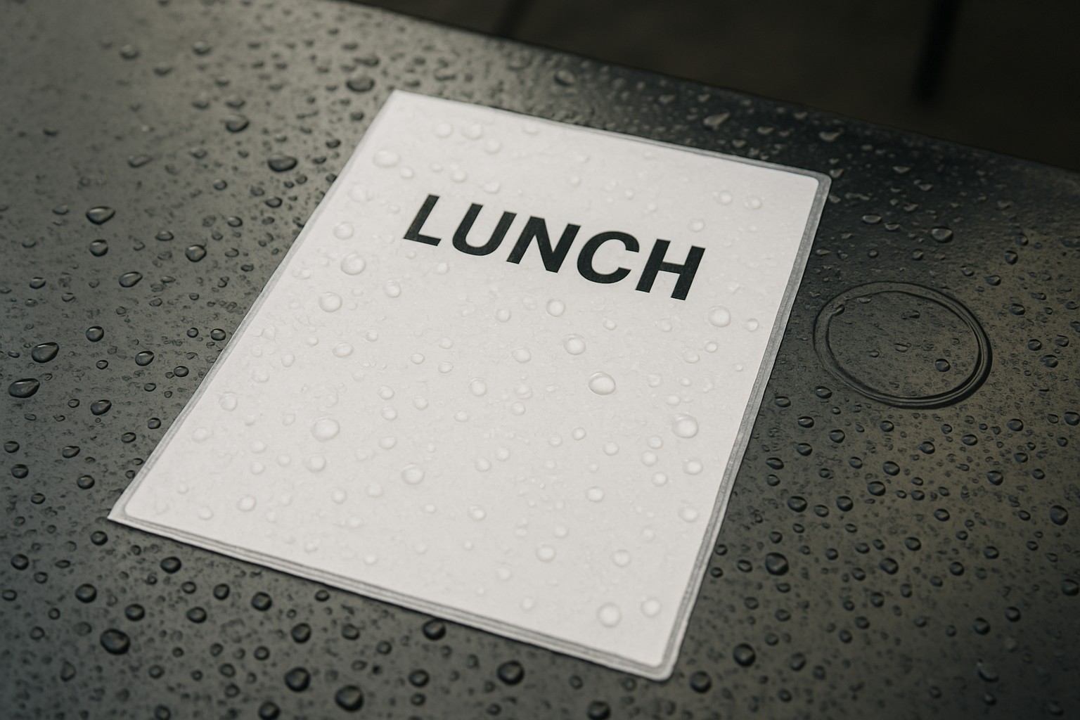 Waterproof synthetic letter menu on a wet restaurant table with condensation rings, not a paper flyer