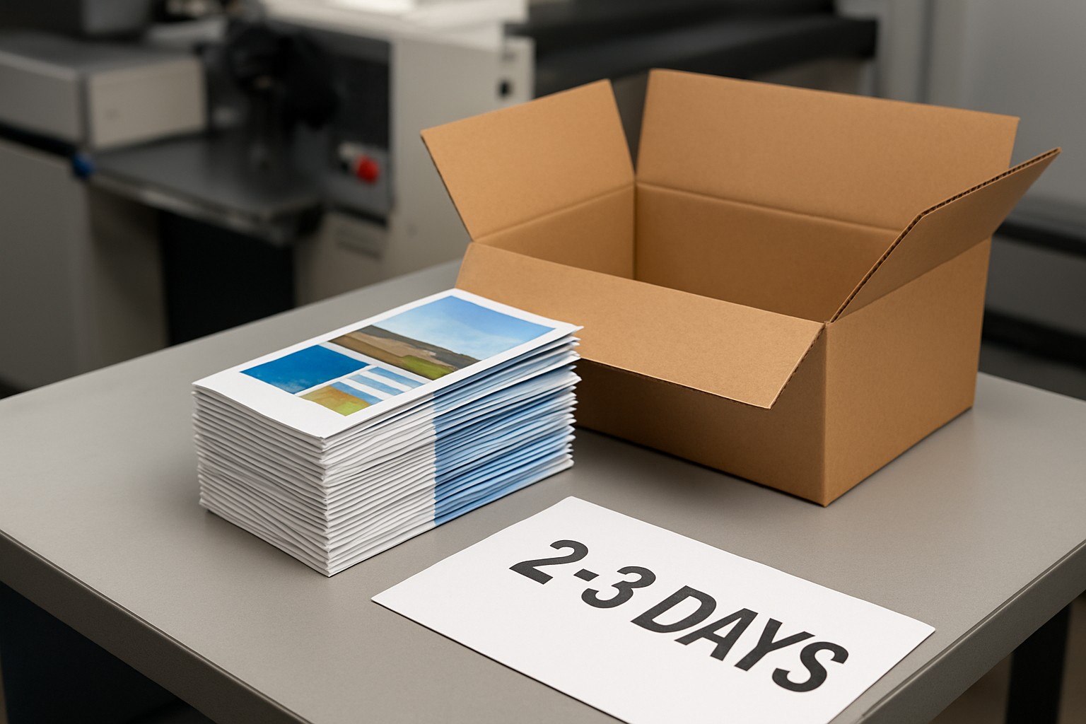 Brochure stack being packed for a 2 to 3 business day production window