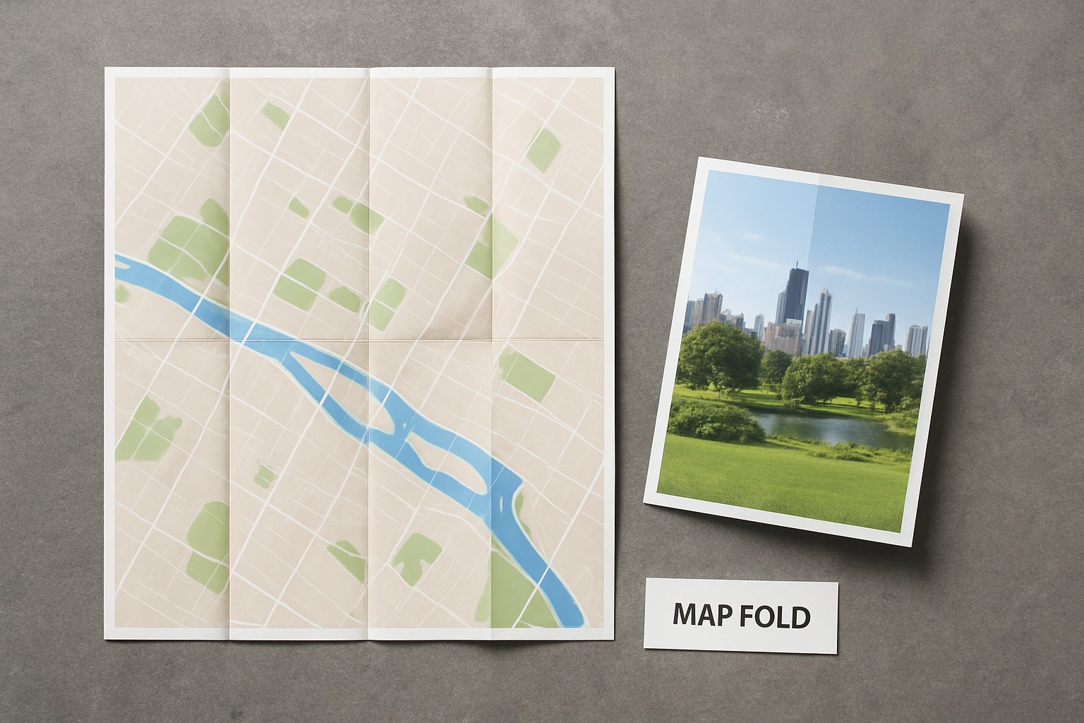 Wide folded brochure opened next to a smaller letter brochure