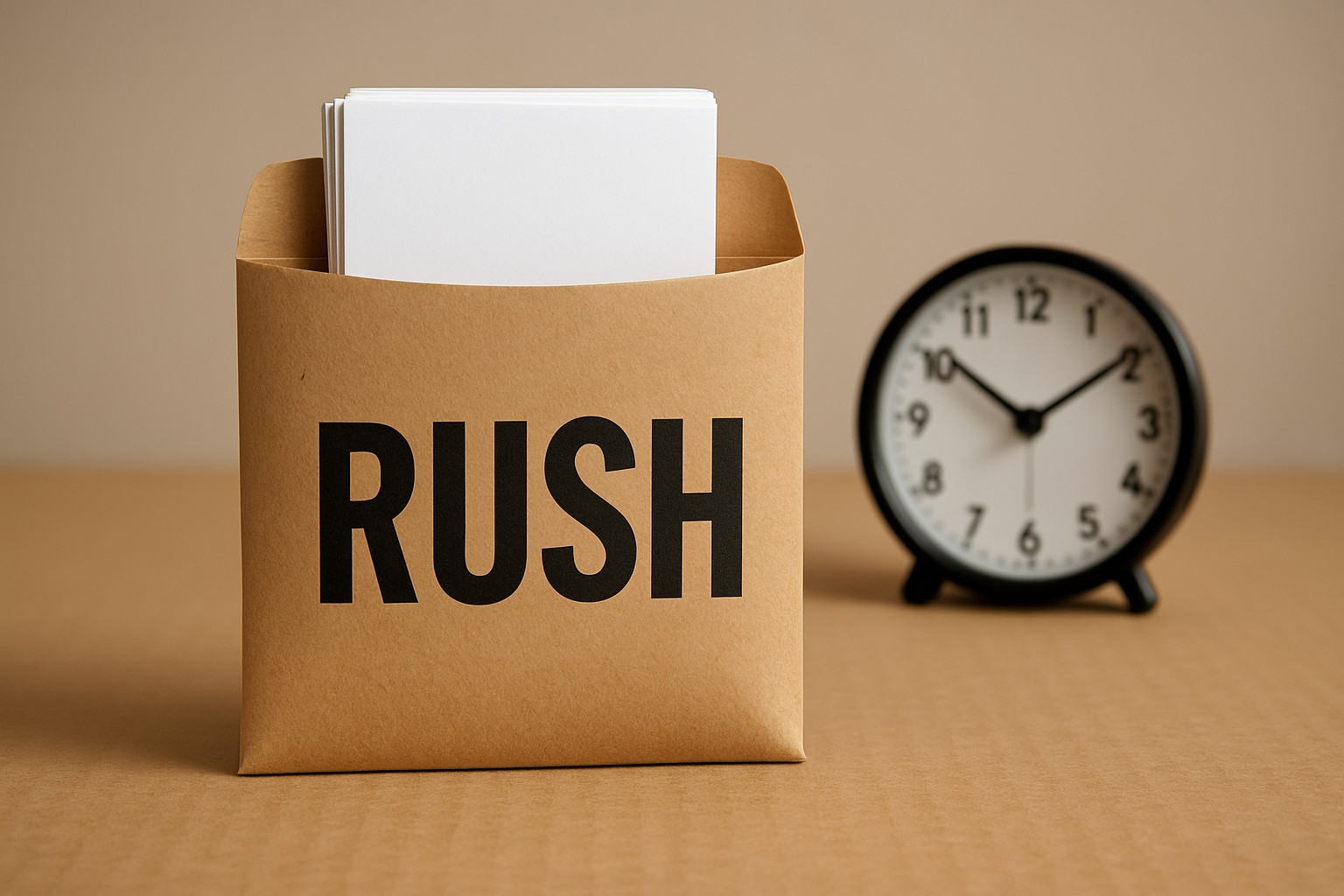 Kraft courier sleeve stamped RUSH holding a stack of standard business cards