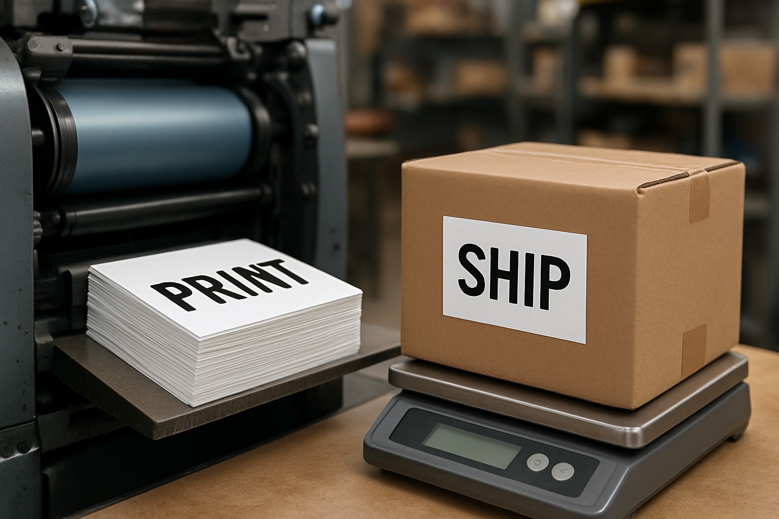 Press stack labeled PRINT beside a sealed carton labeled SHIP