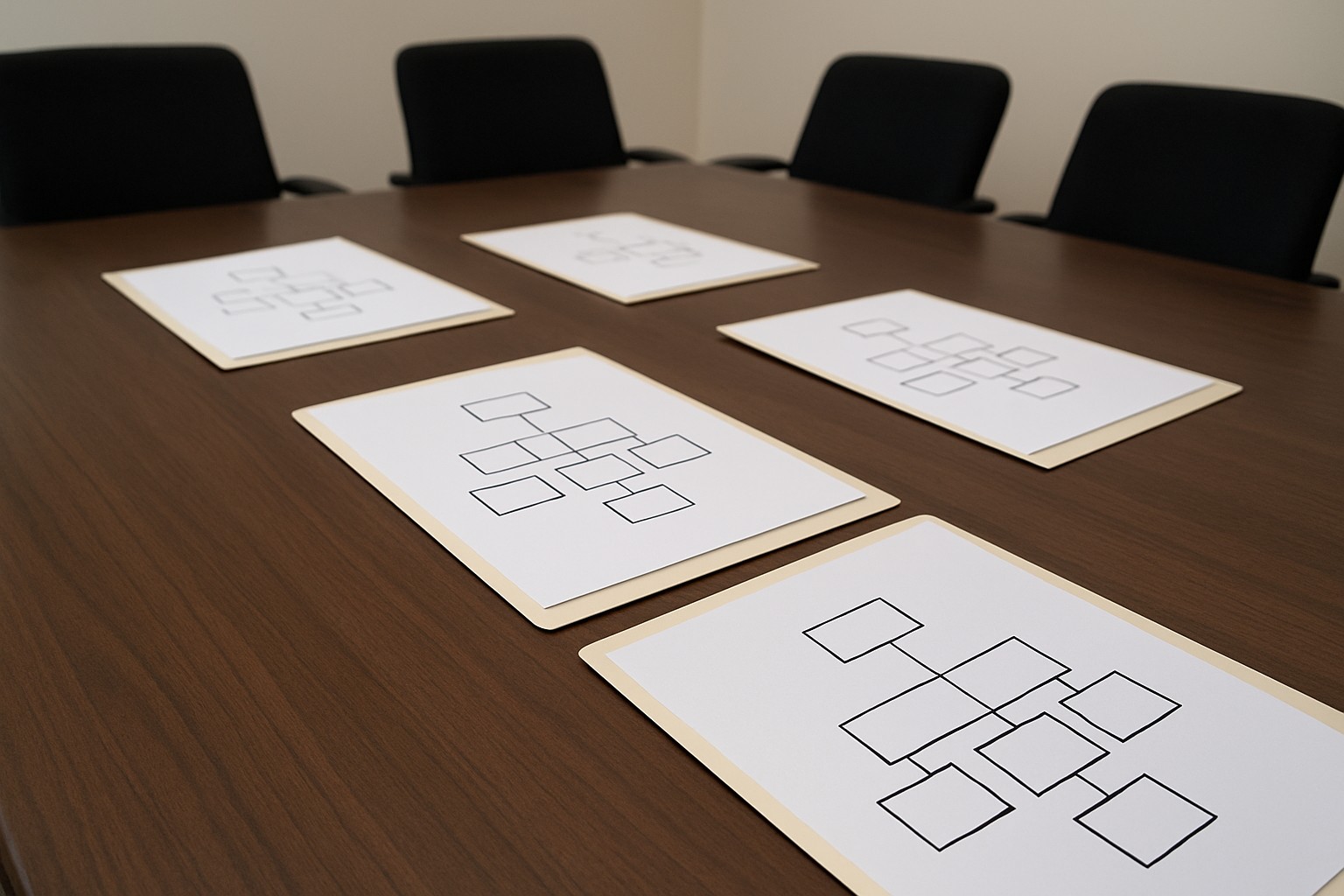Conference table meeting packet of letter-size color copies in folders, copier-style 24 lb bond sheets