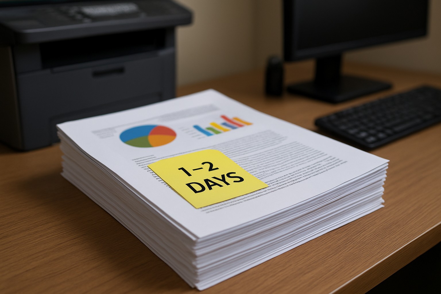 Office desk with a small stack of fresh letter color copies and a 1 to 2 business day production note