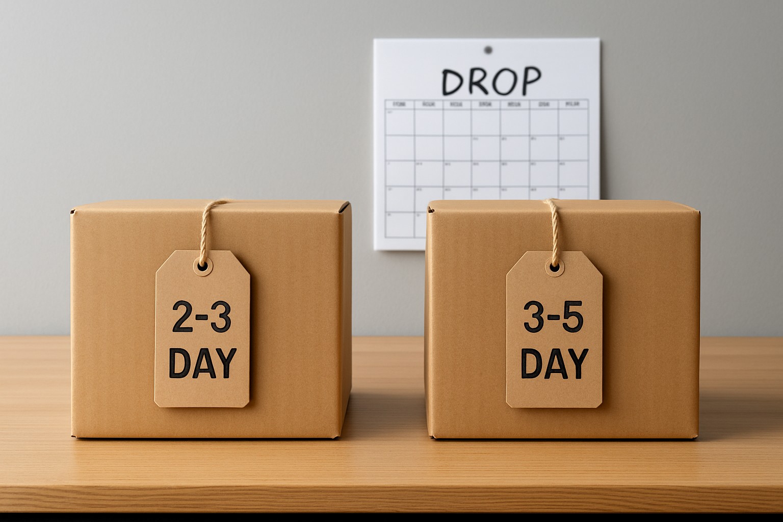 Two cartons of 6.5 by 9 EDDM flats, one marked 2-3 day print and one marked 3-5 day print, beside a USPS drop-date calendar