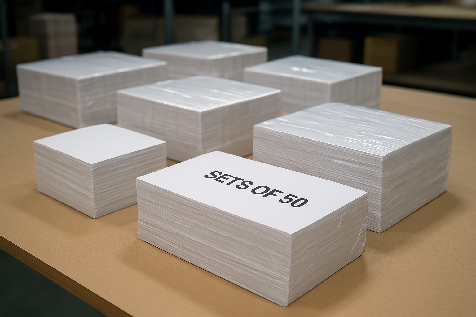 Shrink-wrapped sets of 50 express EDDM flats with facing slips ready for a retail Post Office drop