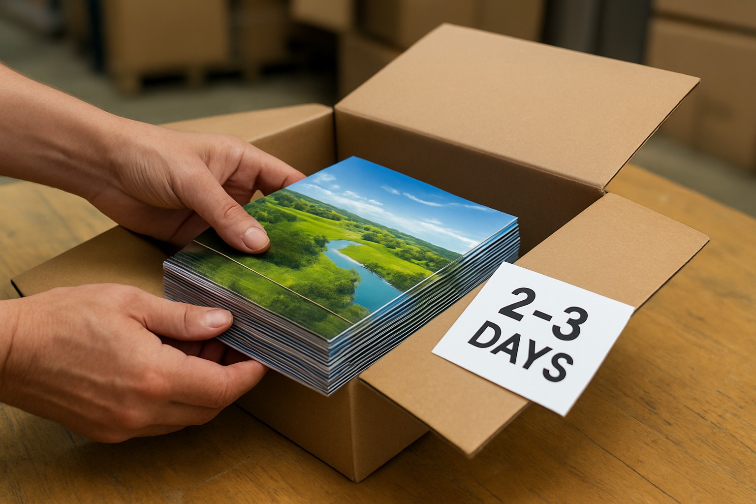 Person packing a hundred 4 by 6 flyers into a box with a 2 to 3 business day production note