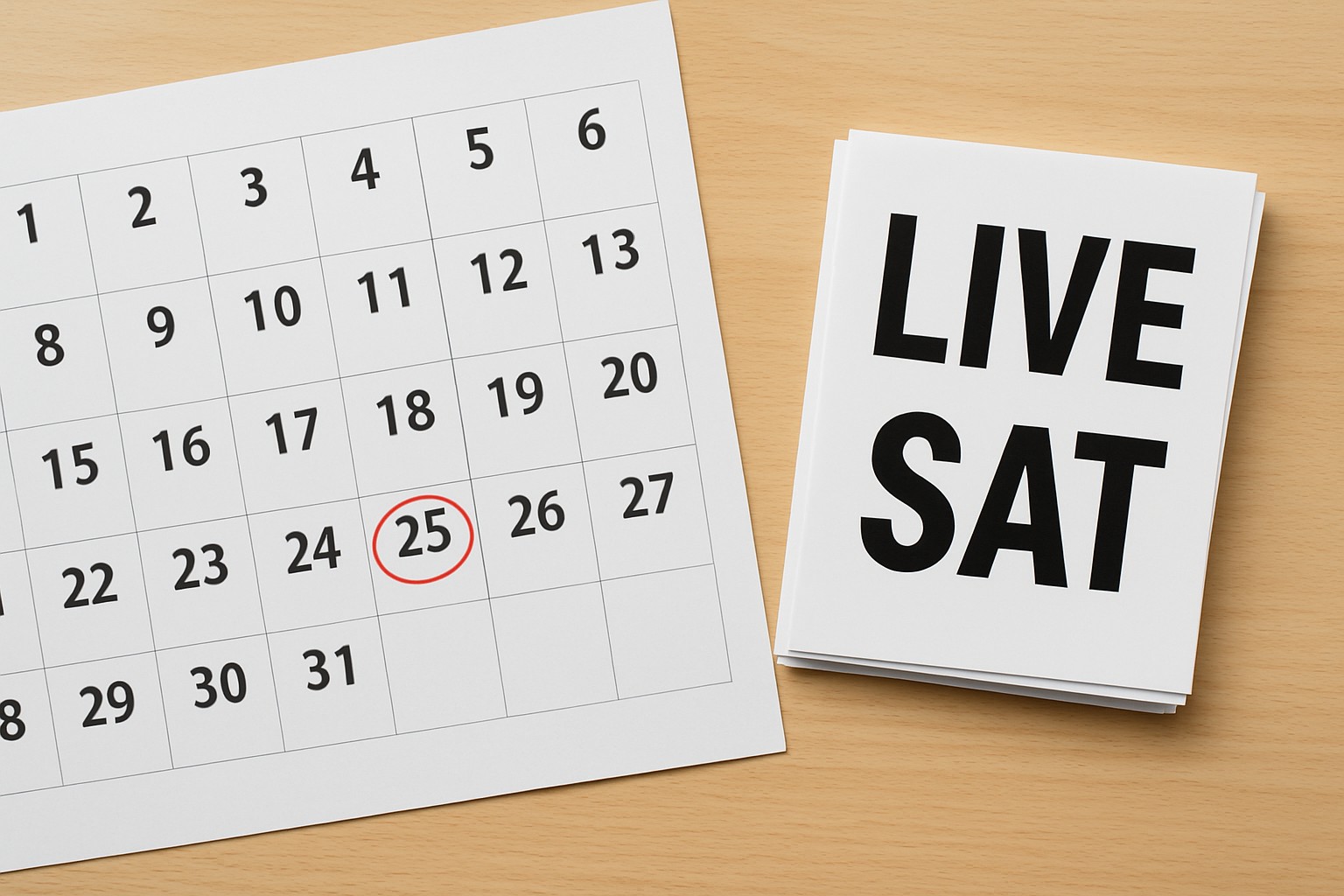 Marked calendar next to a stack of 4 by 6 inch event flyers ready for a weekend deadline