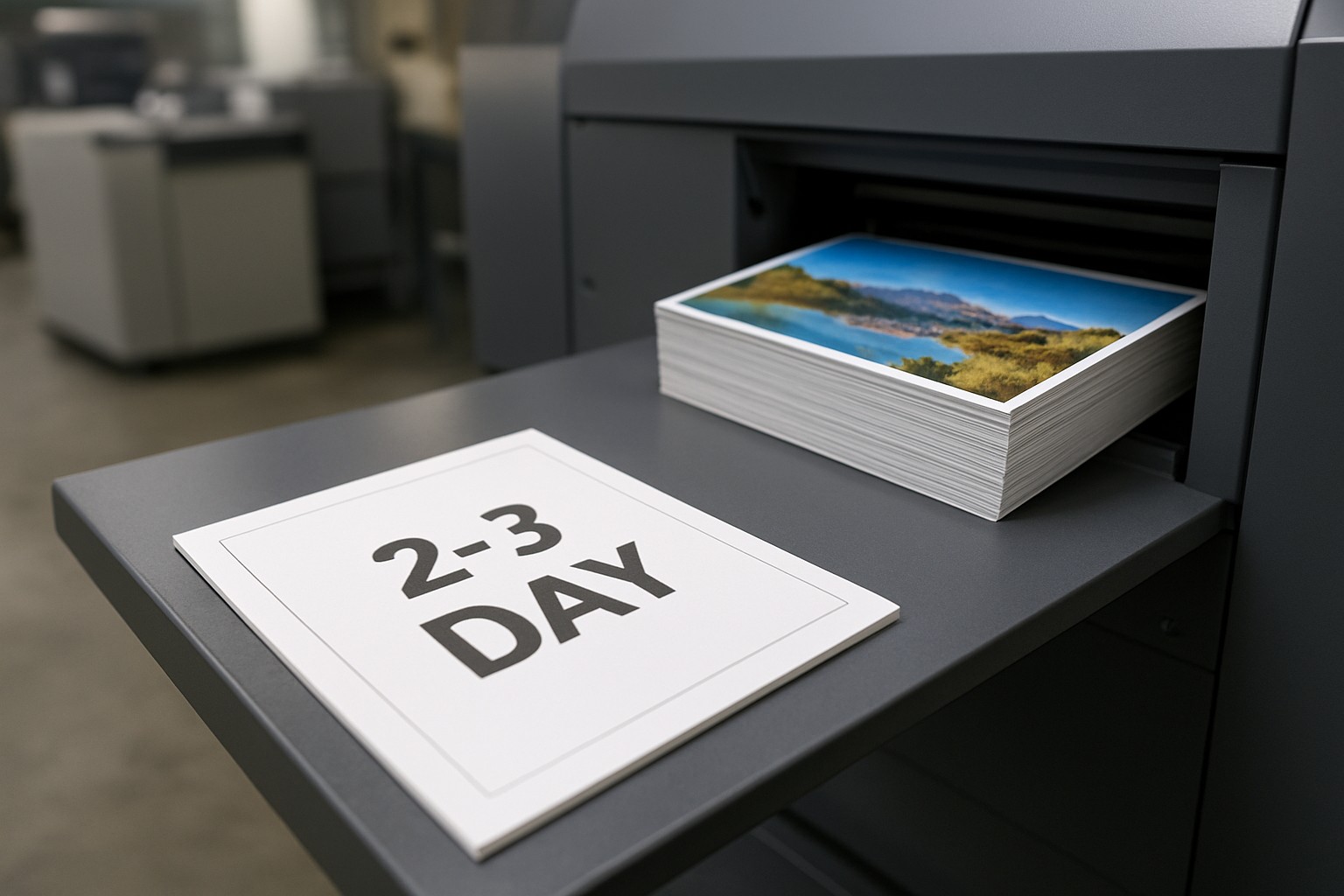 Printed 4 by 6 postcards leaving a press with a 2 to 3 business day production calendar in the foreground