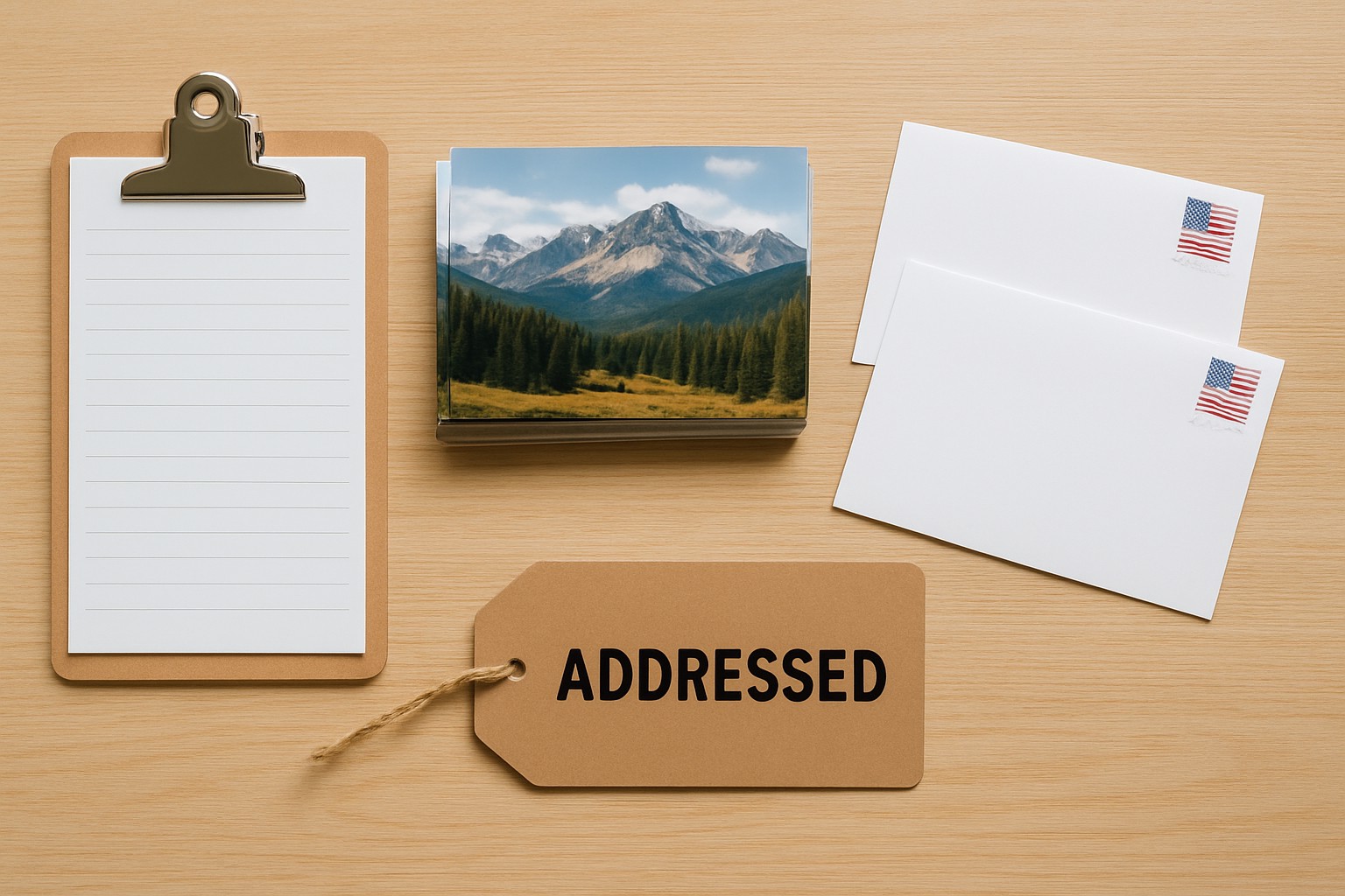 Fast 4 by 6 postcard stack beside addressed envelopes for a named mailing list