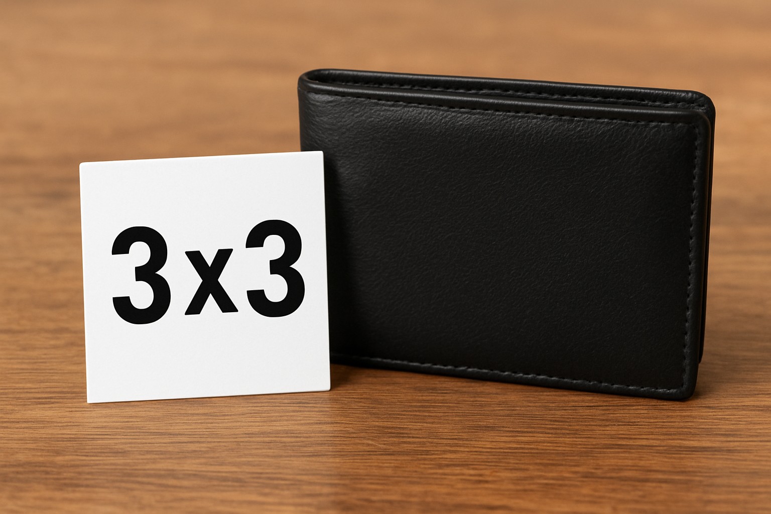 Three inch square business card standing beside a standard 3.5 by 2 inch wallet