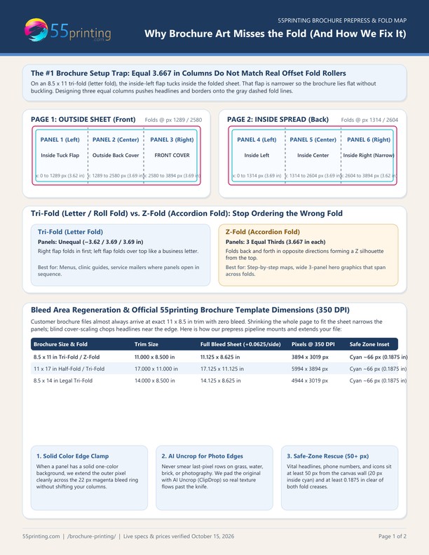 Two-page 55printing brochure fold geometry, bleed rescue, and 15 mistakes checklist PDF
