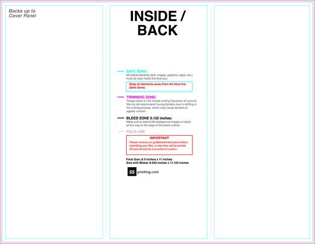 Official 55printing 8.5x11 tri-fold brochure inside guideline template at 350 DPI