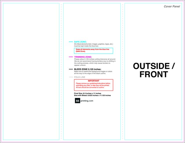 Official 55printing 8.5x11 tri-fold brochure outside guideline template at 350 DPI