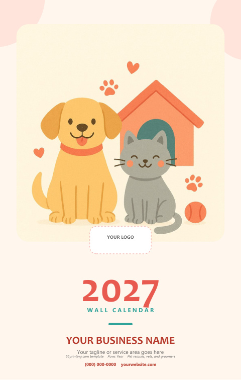 Paws Year 2027 calendar template cover for pet rescues, vets, and groomers