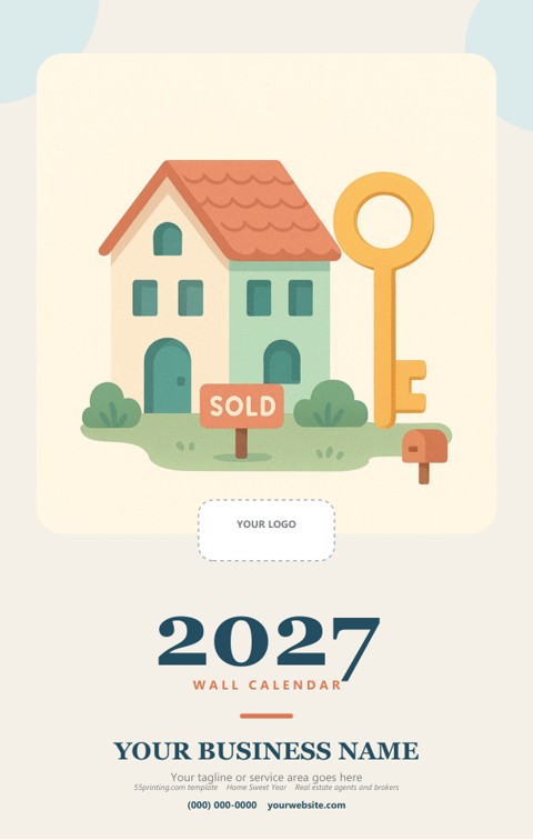 16-page real estate themed 2027 calendar template with house and key cover artwork