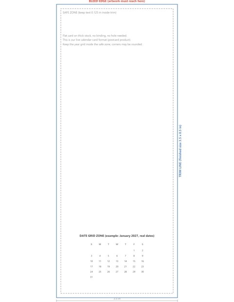 3.5 x 8.5 calendar card guideline showing bleed, trim, safe zone, and January 2027 grid