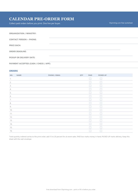 Calendar fundraiser pre-order form worksheet with buyer rows