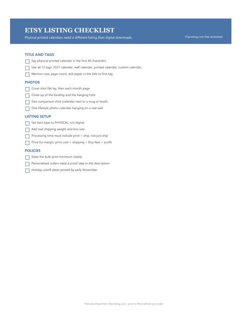 Etsy calendar listing checklist worksheet