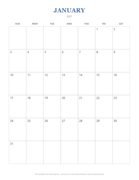 Free printable 2027 calendar template showing January month grid on letter paper