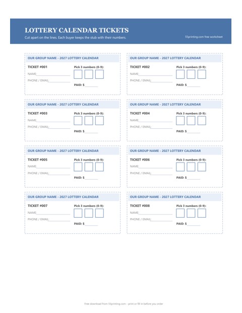 Eight-up lottery calendar fundraiser ticket sheet with January 2027 grids and number boxes