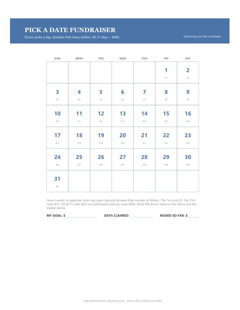 Printable pick a date fundraiser calendar grid template for 2027 with blank claimable date cells