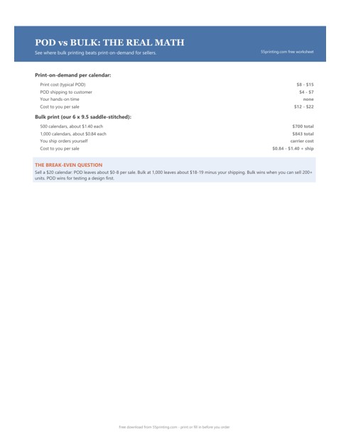 POD versus bulk calendar margin math worksheet