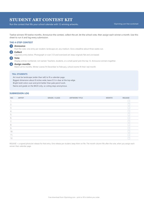 Student art contest kit worksheet with submission log