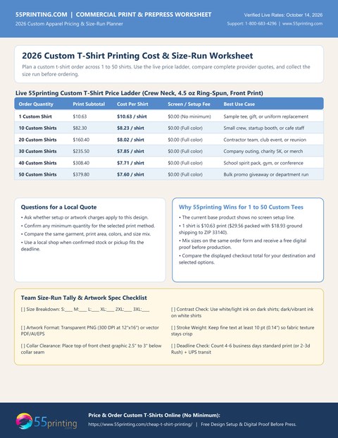One-page 55printing worksheet with the live custom t-shirt price ladder and size tally