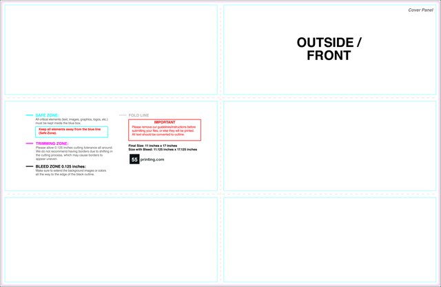Brochure 11inx17in Halffold Trifold Outside guideline preview