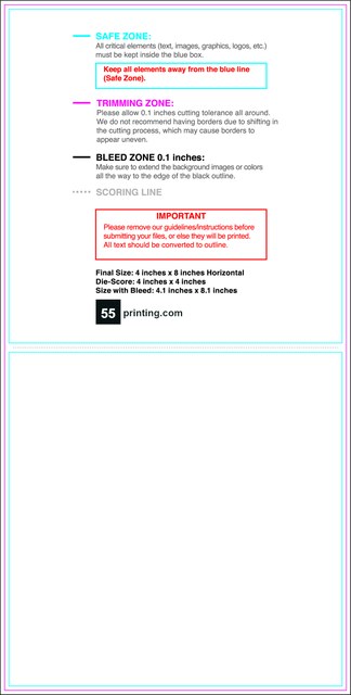 55printing Greetingcard 4inx8in H Front Download Template Guideline - Greeting Cards