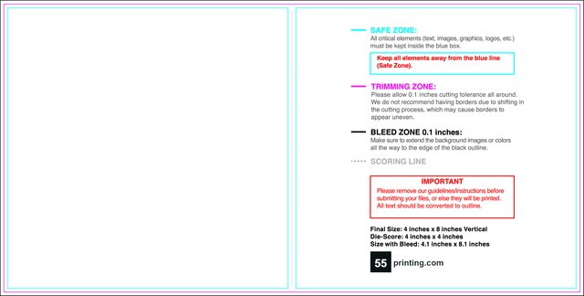55printing Greetingcard 4inx8in V Front Download Template Guideline - Greeting Cards