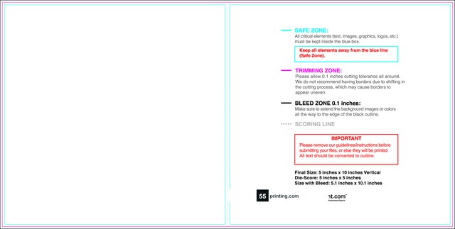 55printing Greetingcard 5inx10in V Front Download Template Guideline - Greeting Cards