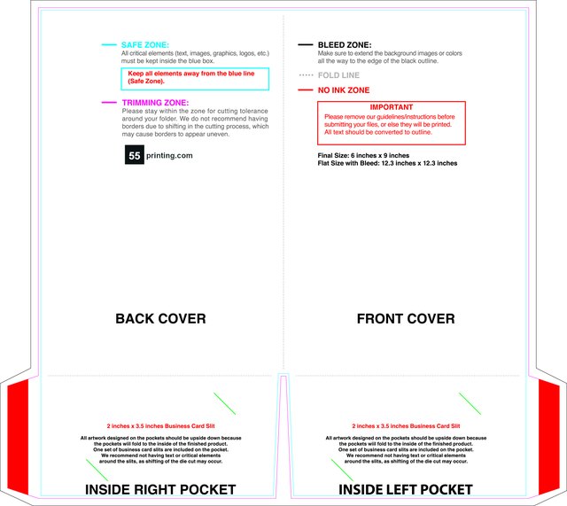 55printing Doublepocketfolder With Slit 6inx9in 3in Pocket Front Download Template Guideline - Presentation Folders