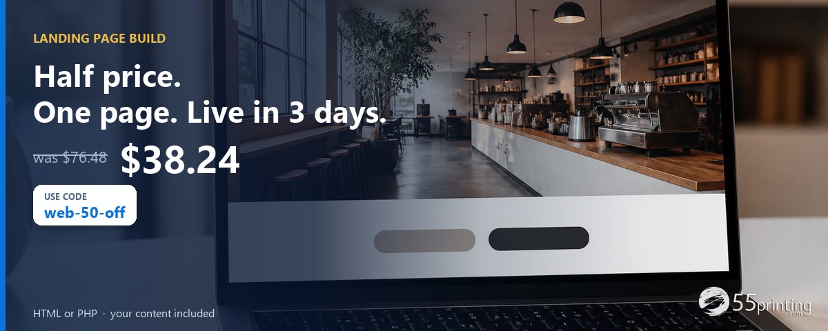 Half price Landing Page. One page, live in 3 days. Was $76.48, now $38.24. HTML or PHP, your content included. Use code web-50-off.