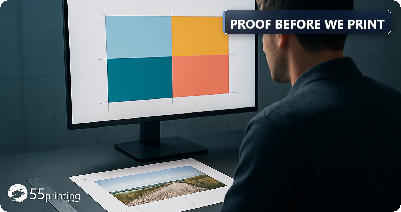 Print designer comparing a color-block layout on screen with a photo proof and crop marks on the desk