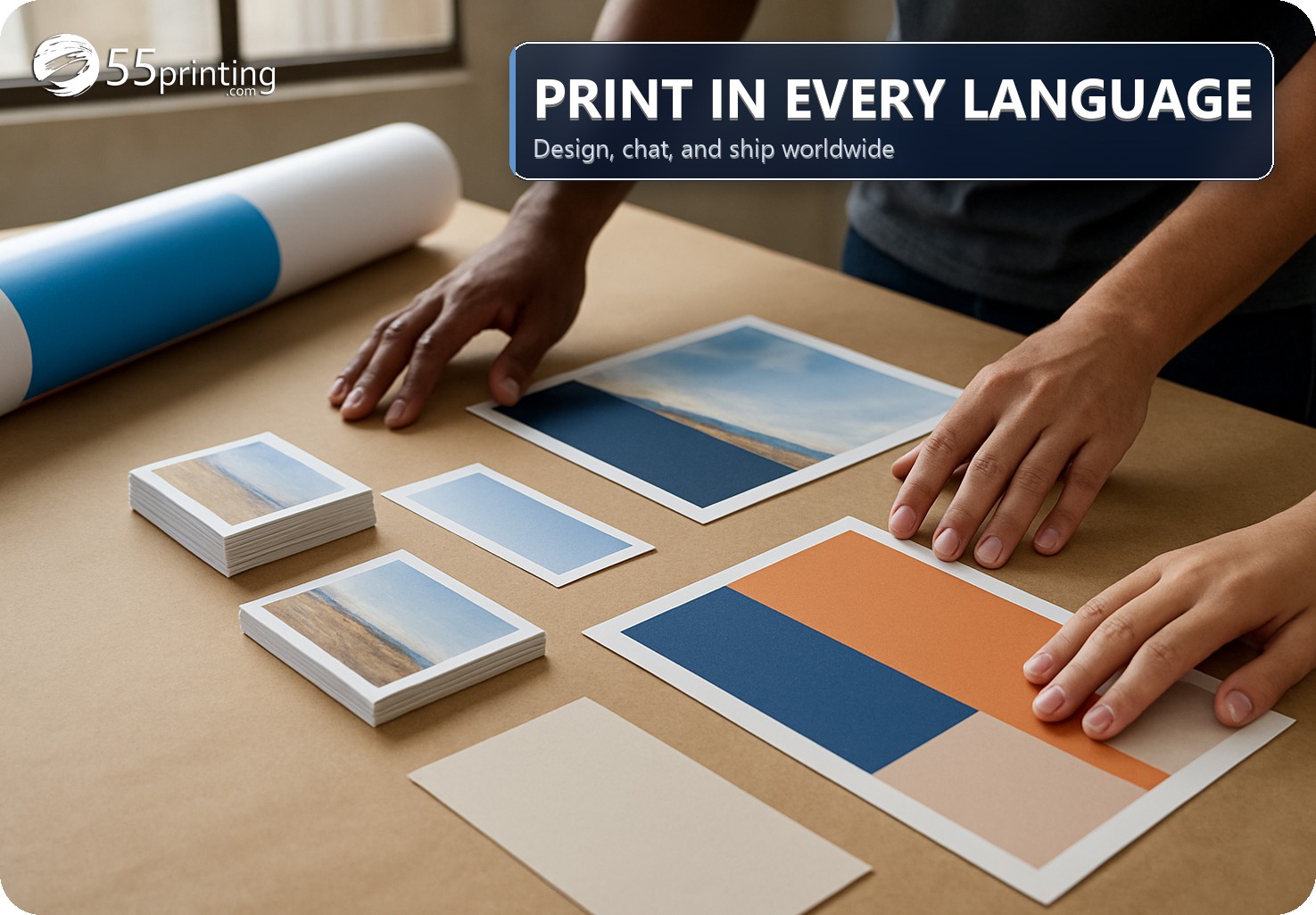 Two people arranging printed cards, flyers, and a banner on a print-shop table