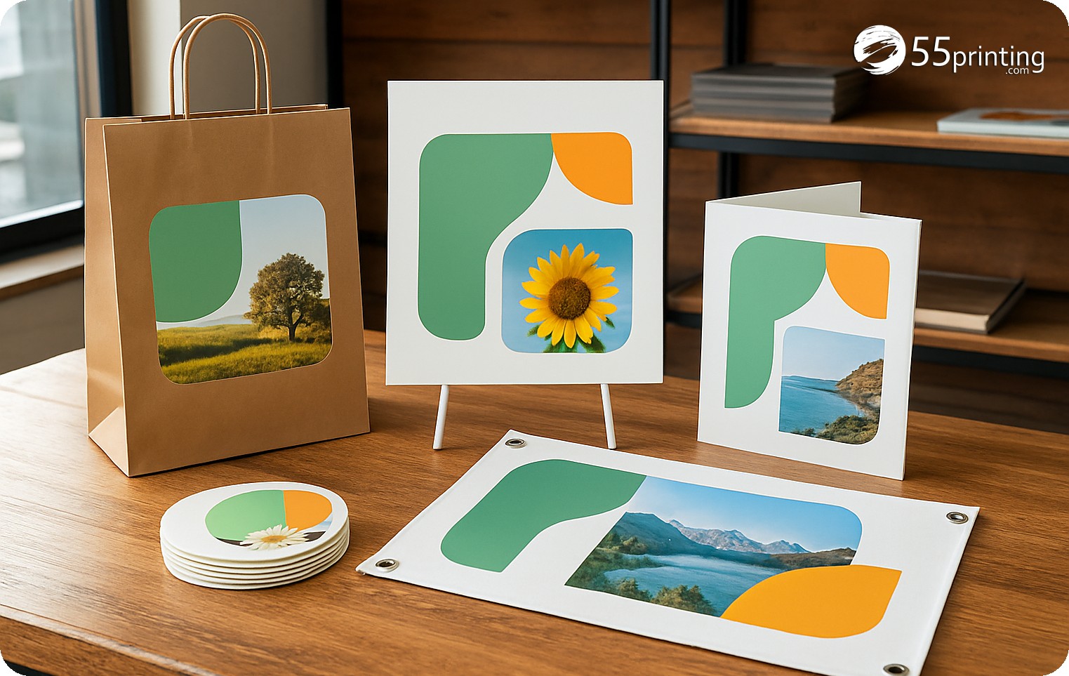 Mixed print products on a wood counter: cards, a folded piece, a small sign, and a grommeted banner