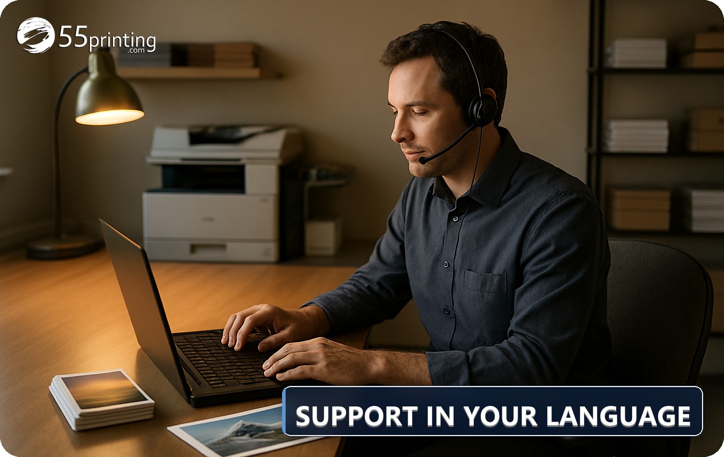 Print-shop support specialist on a headset at a laptop with printed card samples on the desk