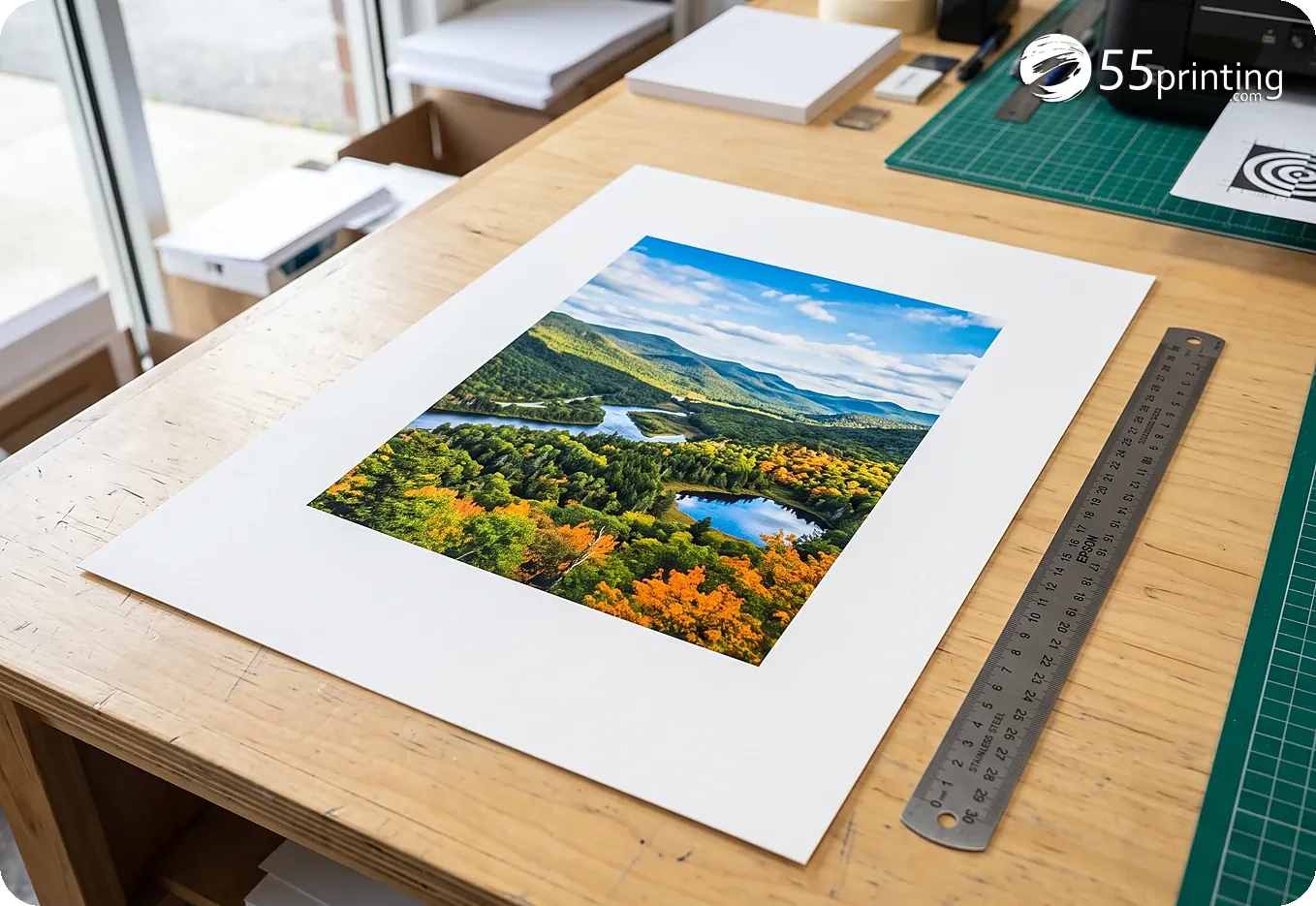 A photo print centered on a larger sheet with an empty border all around