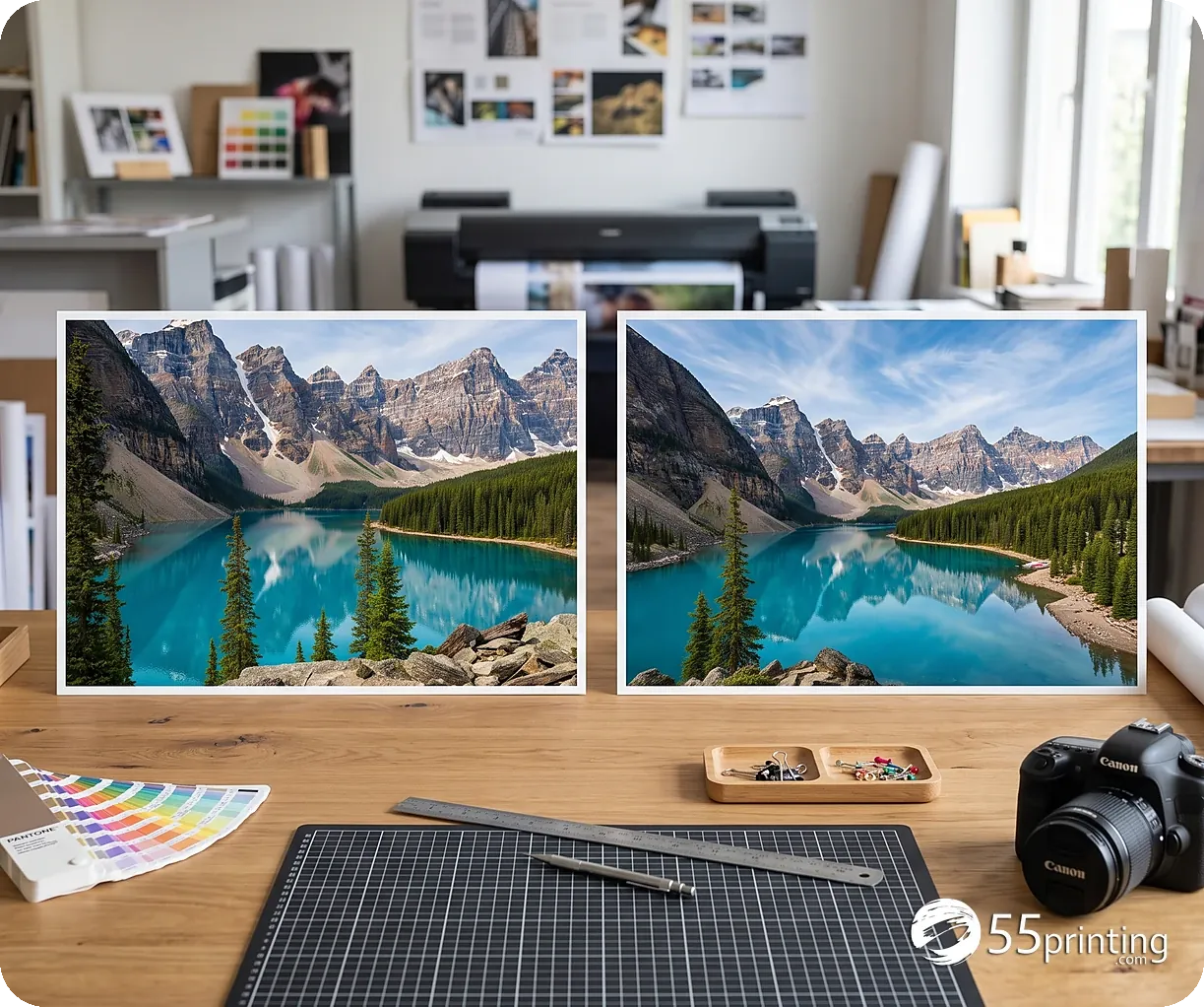 Two prints of the same mountain lake, one tightly cropped and one with a wider view