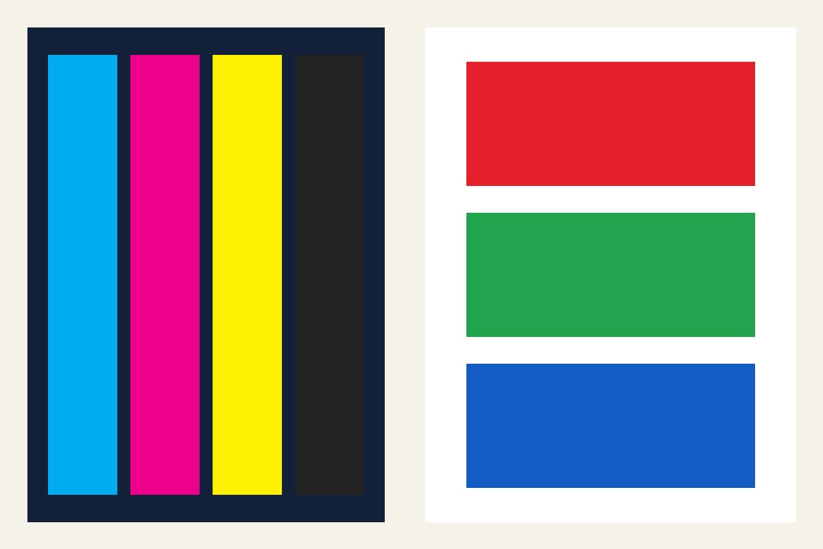 Four press plates beside three RGB bars