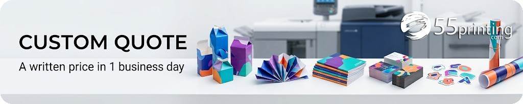 A modern print studio with colorful custom printed boxes, brochures, business cards, stickers, and a printed poster beside a modern digital press