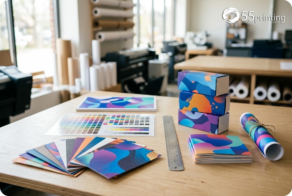A modern print studio table with paper stock swatches, a color chart, a ruler, folded custom cartons, booklets and a rolled poster