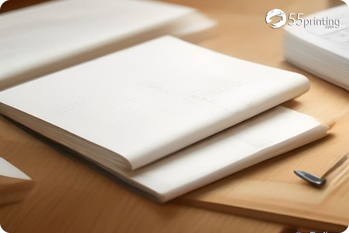 A worksheet listing custom print sizes, paper stock, quantity, and finish while a designer checks a sample