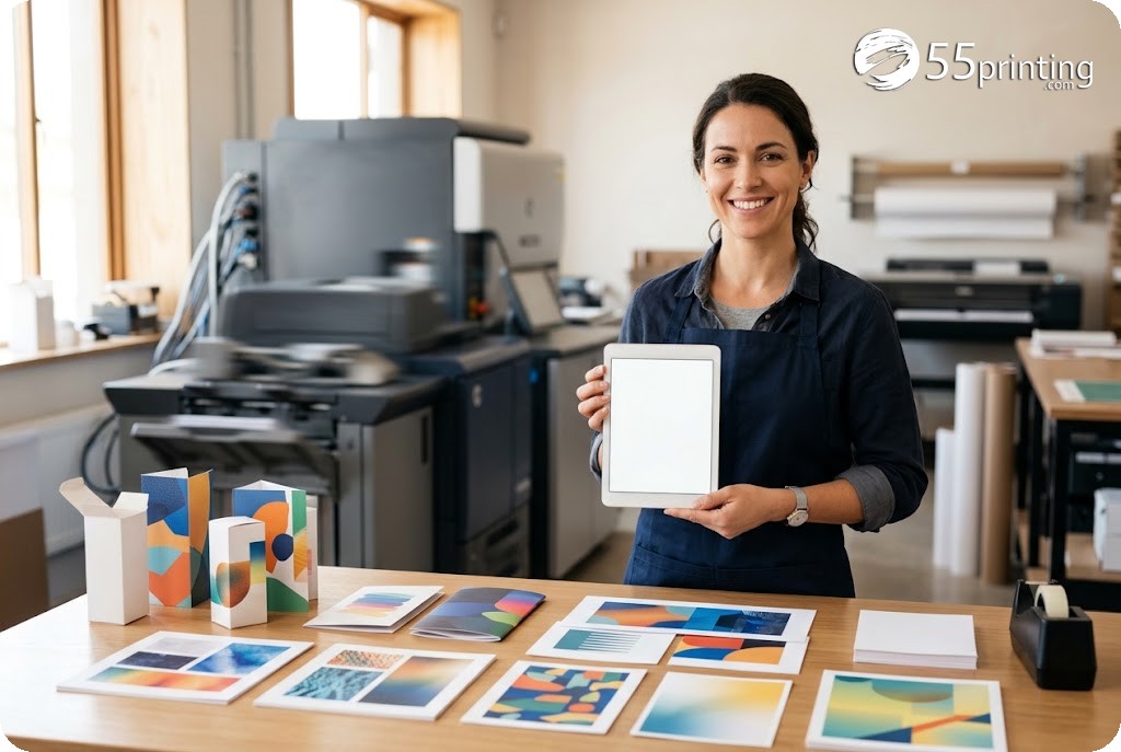 A friendly print specialist in a modern print studio holding a blank tablet, with colorful custom printed samples on the desk