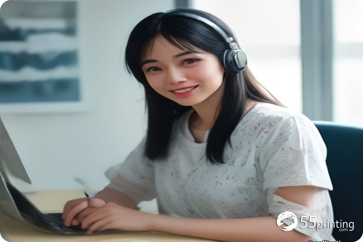 A friendly print specialist on a headset writing a custom quote while looking at a catalog