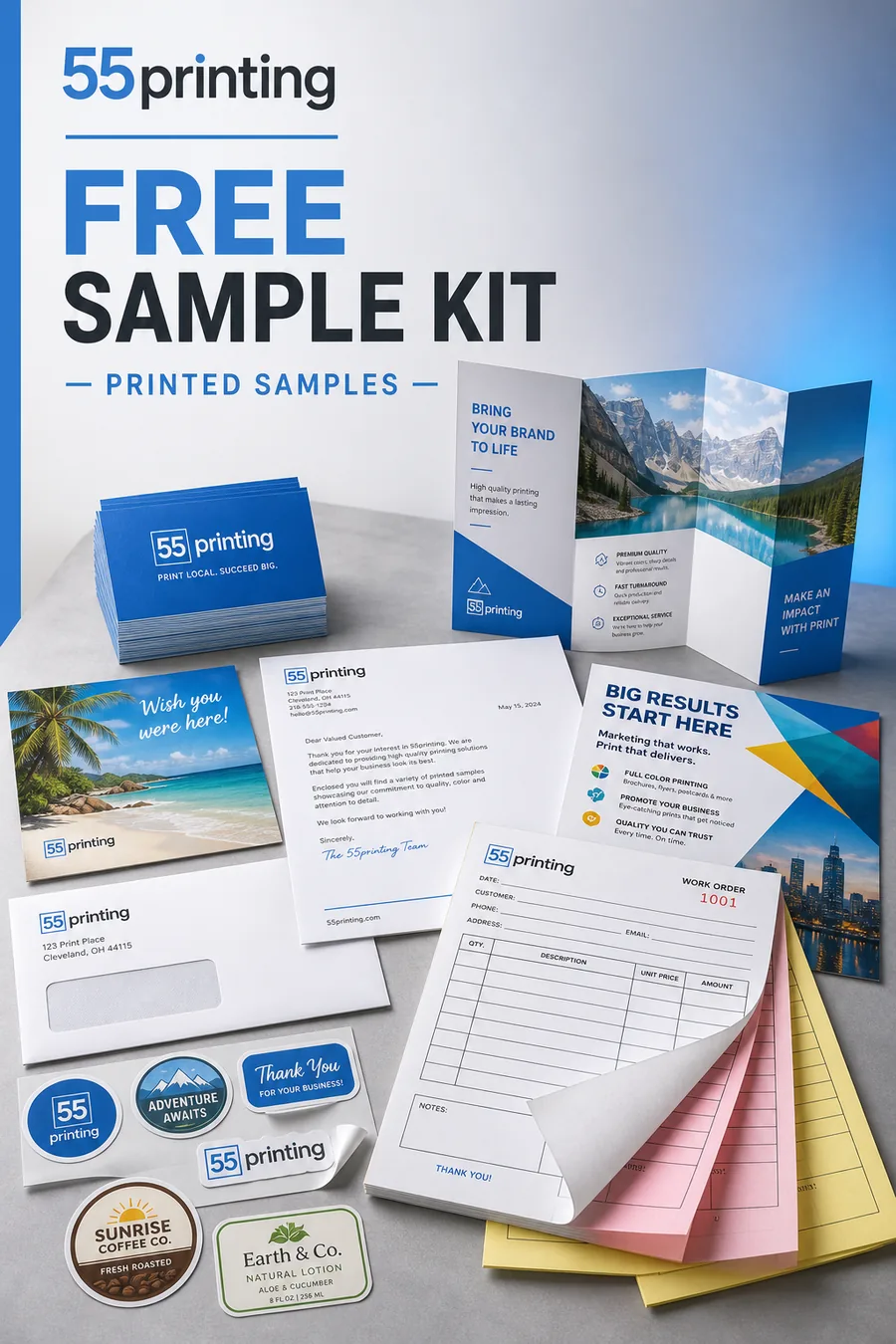 55printing free printing sample kit with business cards, brochures, NCR forms, stickers, labels, and more